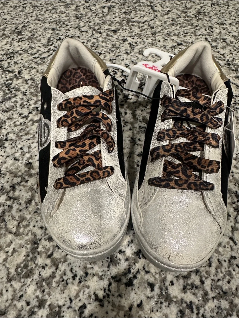 Justice Girls Silver Glitter Sneakers with Black Panels & Leopard Laces